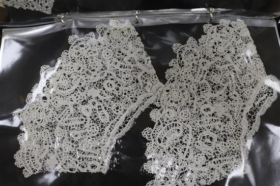 Three folders containing examples of needle lace, bobbin lace, some textiles from 18th/20th century